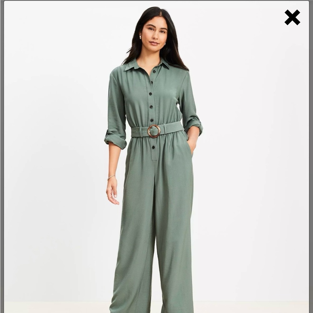 LOFT Sage Green Belted Shirt Jumpsuit